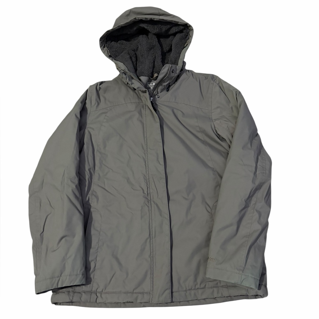 Ll Bean Winter Warmer Hooded Coat Womens Medium Gray Sherpa Lined Nylon Shell